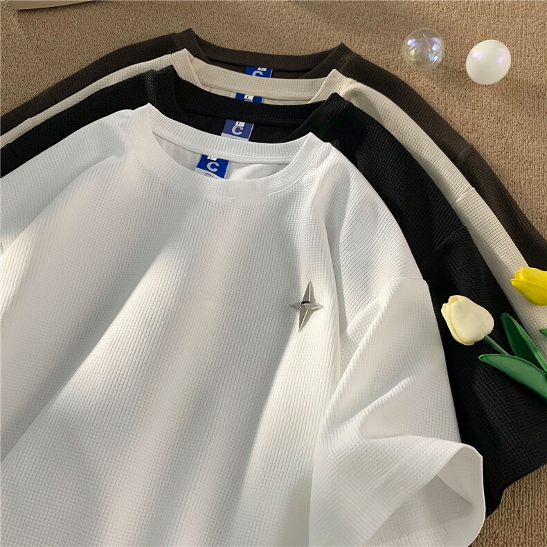 夏装2025新款港风宽松华夫格短袖T恤夏季重磅五分半袖男装S300P25,男装T恤,电商A233-1
