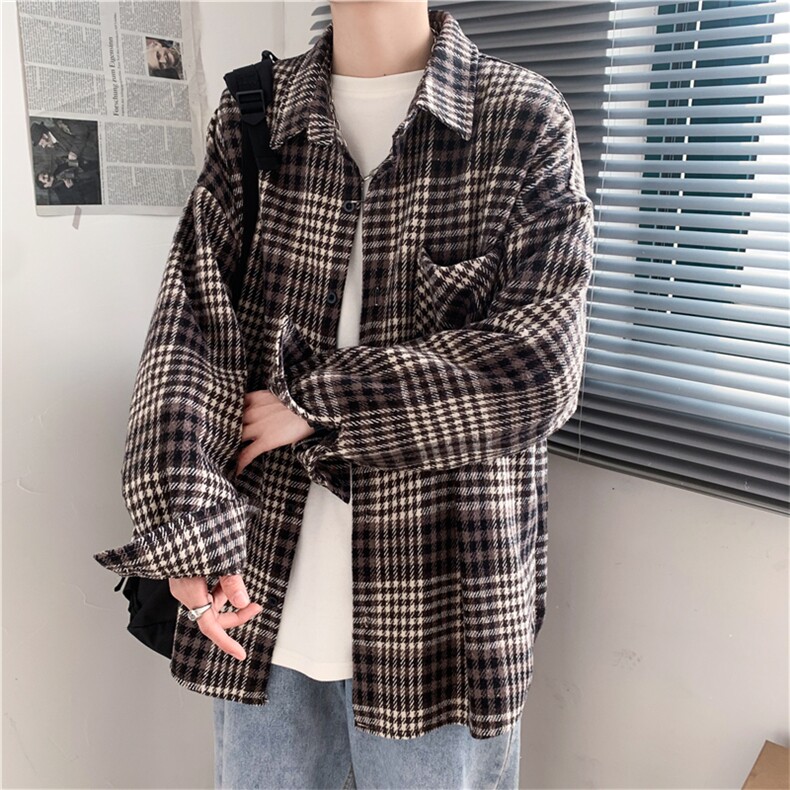 ins新品日系复古磨毛格子衬衫港风宽松休闲格纹长袖衬衣W554-P45,男装衬衫,星座512-2