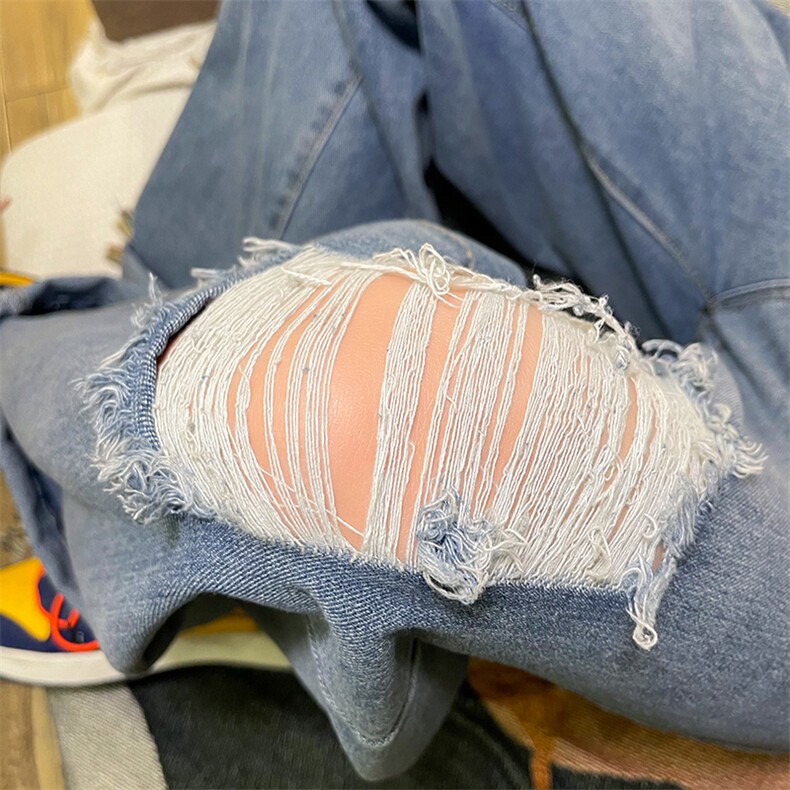 新款男女高街破洞宽直筒个性潮牌牛仔裤长裤子NZ689批45控68,男装牛仔裤,星座715