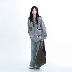 美式趣味小狗卡通灰色圆领针织开衫女春秋情侣宽松慵懒风毛衣外套，男装针织衫/毛衣，星座218-8