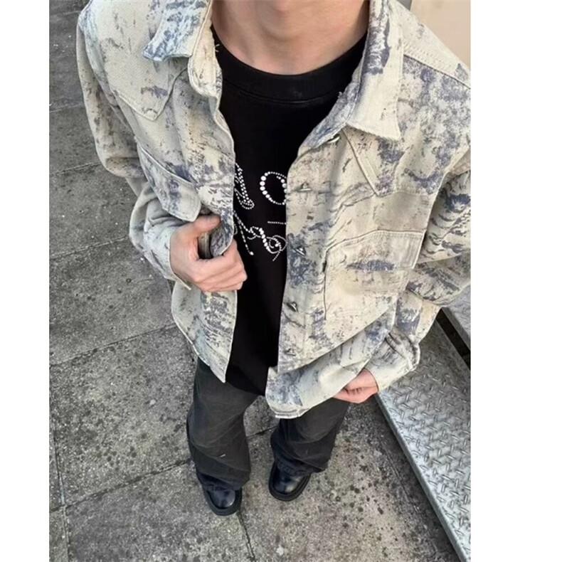 美式复古水洗做旧扎染牛仔夹克男ins潮牌高街多口袋宽松工装外套,男装夹克,星座410-7