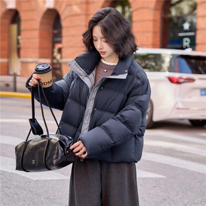 现货新款藏青色短款羽绒服女2025休闲宽松冬装外套图片