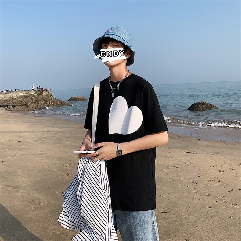 港风夏季T恤衫男韩版潮流短袖宽松爱心情侣装纯棉中袖T121P35控49，男装T恤，电商A089-1