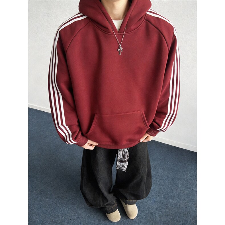 抖音得物高品质26春装美式高街全棉宽松三条杠织带连帽卫衣CM06,男装卫衣,电商A486