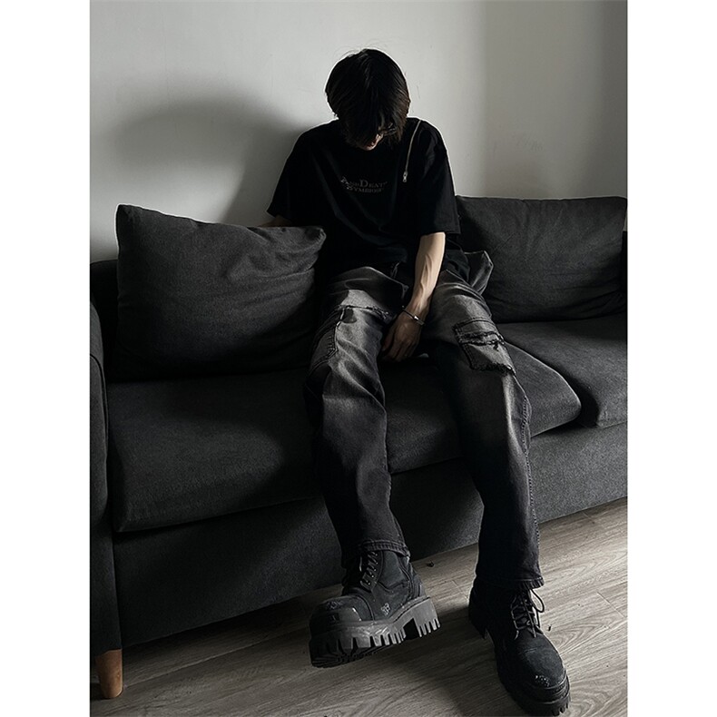 秋季美式ins高街hiphop修身重工艺水洗直筒毛边工装牛仔裤P65,男装牛仔裤,电商A063