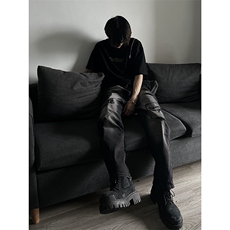 秋季美式ins高街hiphop修身重工艺水洗直筒毛边工装牛仔裤P65，男装牛仔裤，电商A063
