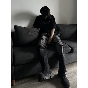 秋季美式ins高街hiphop修身重工艺水洗直筒毛边工装牛仔裤P65图片