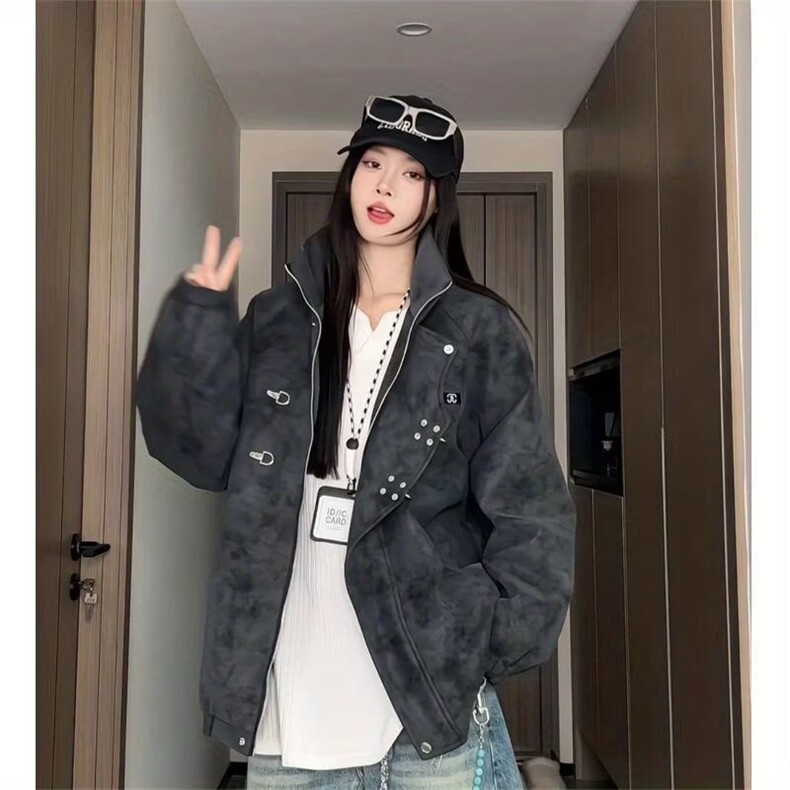 J509-P75设计感金属飞机扣扎染皮革夹克男女2025秋季宽松美式,男装夹克,电商B323A