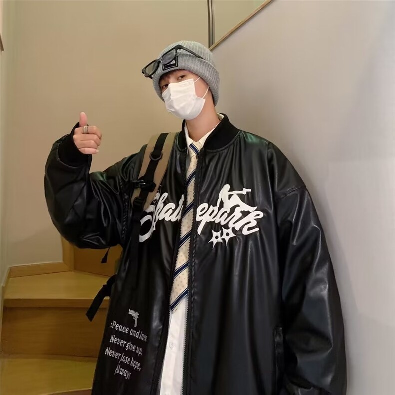 春季新款美式男外套夹克PU刺绣皮衣LS46P65图片