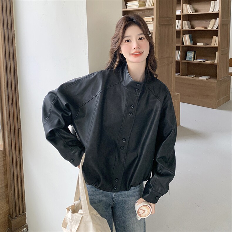 2025秋款现货韩版下摆收口黑色皮衣2C090-1820-P145-K218,女装皮衣,2C090