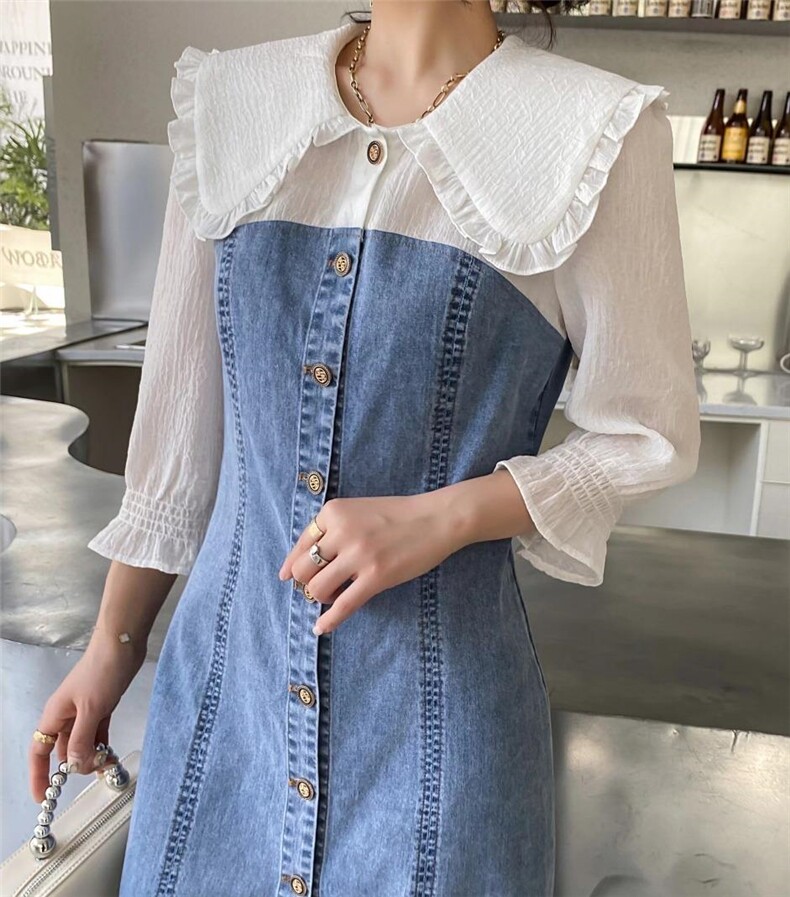 现货热卖拼色牛仔连衣裙，女装连衣裙，迈裳亿