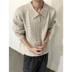 翻领麻花套头毛衣男秋冬慵懒风V领针织衫上衣MY0583-P68图片