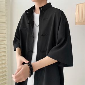 X2448-TP30控价48 夏季新中式风盘扣休闲五分袖冰丝衬衫男图片