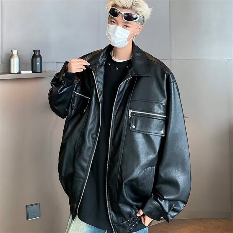 港仔文艺男复古pu皮夹克男2024春秋新款美式工装皮衣外套男款848图片