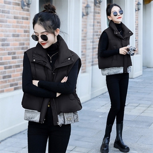 欧货2024冬新款牛仔拼接90白鸭绒羽绒服马夹女短款时尚宽松外套图片