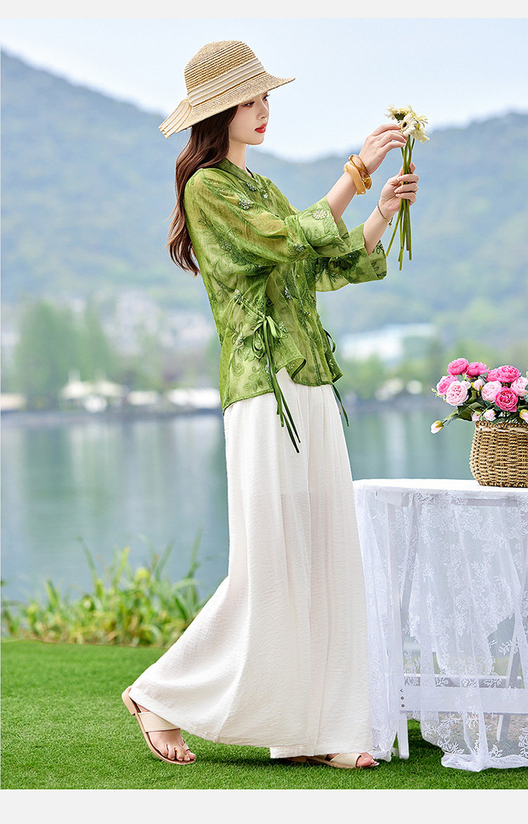 2026年夏季新中式重工刺绣衬衫防晒女宽松立领阔腿裤两件套,女装套装/套裙,米尚