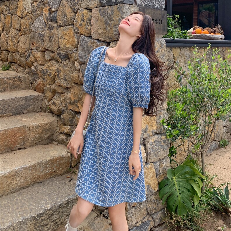 蓝色泡泡袖小个子连衣裙女2025夏季新款设计感格纹掐腰显瘦A字裙,女装连衣裙,2C206