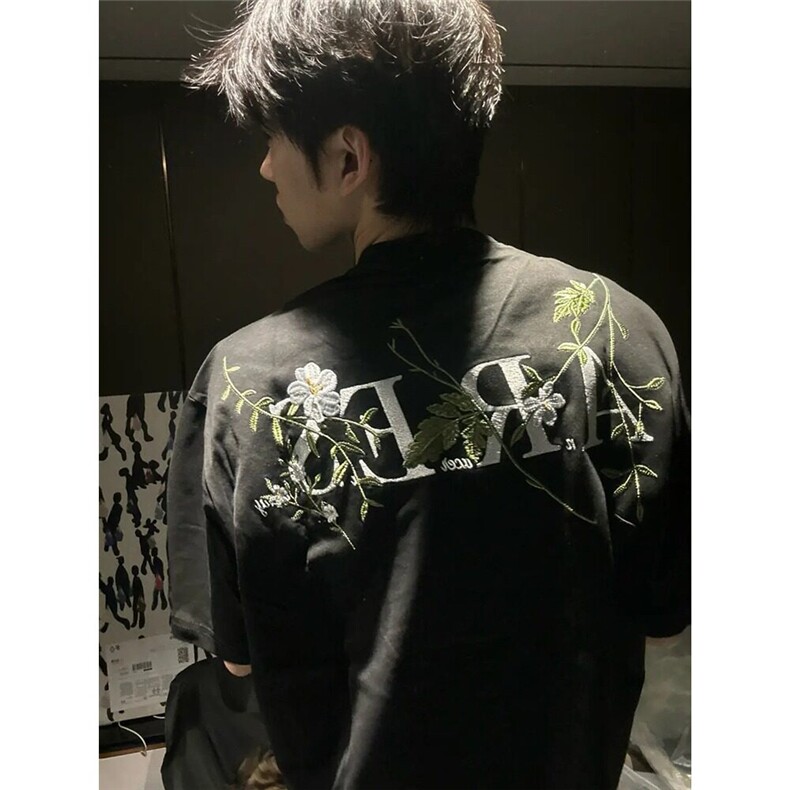 美式街头花卉花环刺绣字母短袖T恤男女夏季小众设计感百搭半袖男,男装T恤,星座601-1