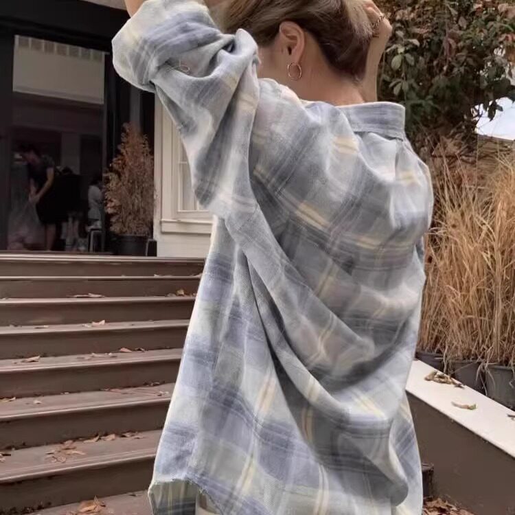 韩系慵懒风格子衬衫女大码中长款休闲外套上衣设计感长袖空调衫夏,男装衬衫,星座506A