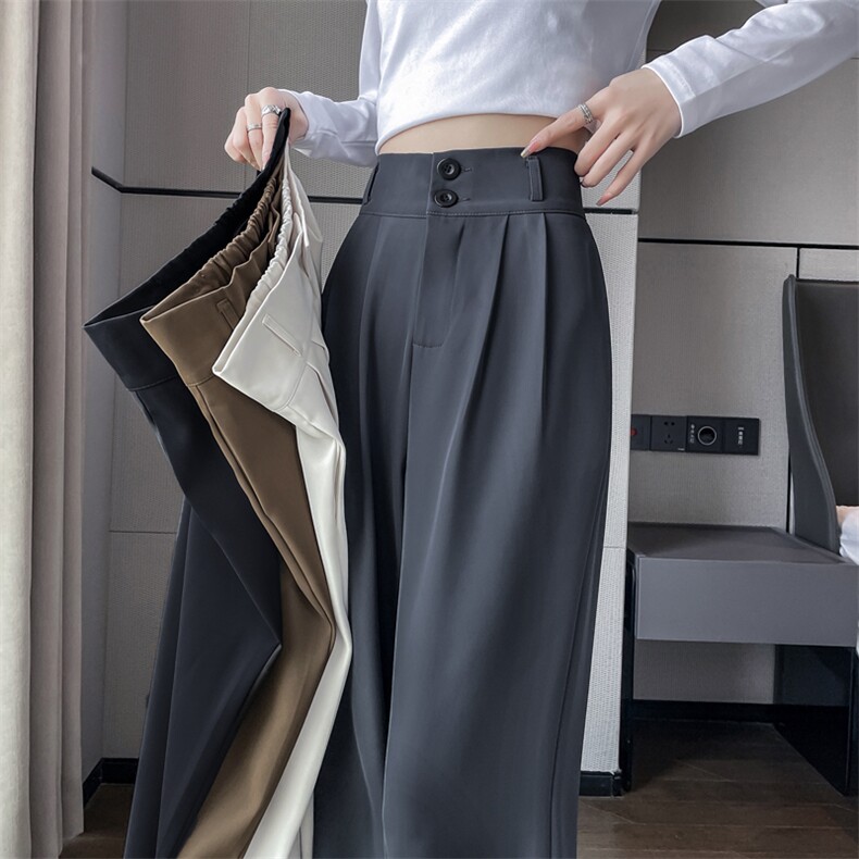 阔腿裤女春秋高腰显瘦垂感梨形身材裤子直筒拖地裤双扣休闲西装裤，女装休闲裤，梦白服饰厂
