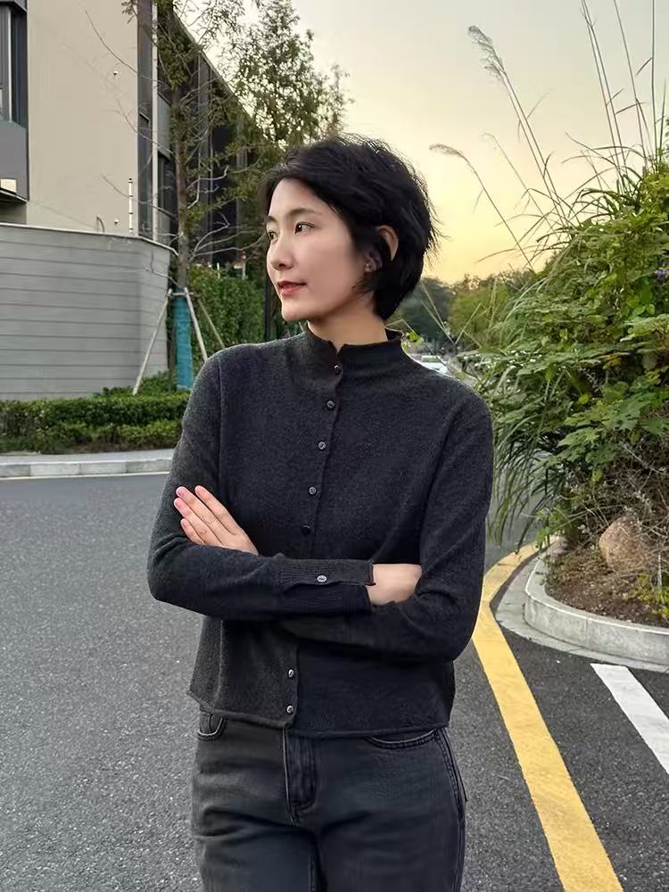 半高领卷边针织开衫时尚百搭,针织衫/毛衣,百纯羊绒