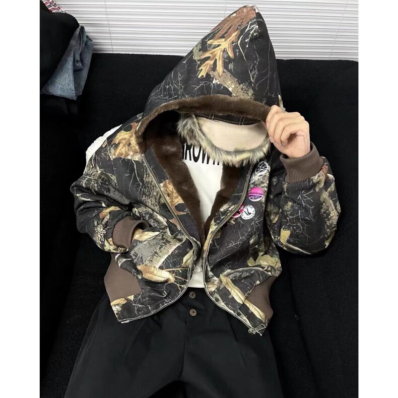美式连帽牛仔棉服男女重磅迷彩树枝座山雕复古加绒加厚夹克外套潮,男装夹克,星座506A