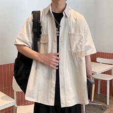 纯色简约港风短袖衬衫男夏季港风潮流百搭衬衣外搭外套W2588-P30，男装衬衫，星座412-3
