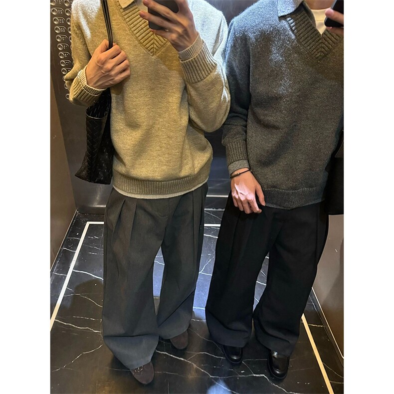 重磅北极绒假两件衬衫领毛衣美式高街复古休闲慵懒纯色翻领针织衫图片