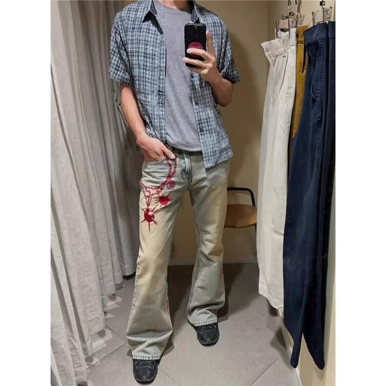 美式高街流星锤裤链刺绣半松紧牛仔裤男女同款宽松直筒微喇休闲裤,男装休闲裤,星座601-1