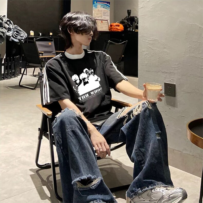 抖音得物高品质二开240克宽松纯棉美式潮牌三条杠织带短袖T恤图片
