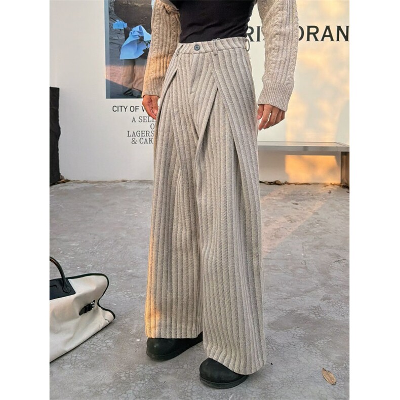 1506/QH2400/P54帛跃高级感竖条纹毛呢褶皱通勤阔腿西裤男，男装西裤，星座1506