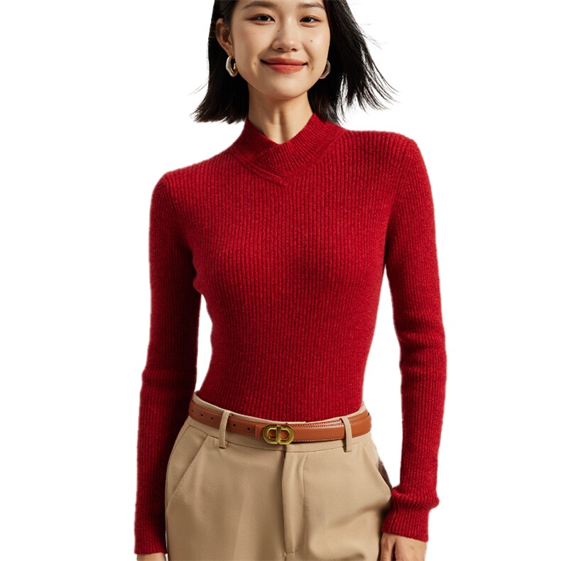秋冬季羊绒休闲百搭时尚抽条交叉半高羊绒衫,女装羊绒衫,英集羊绒