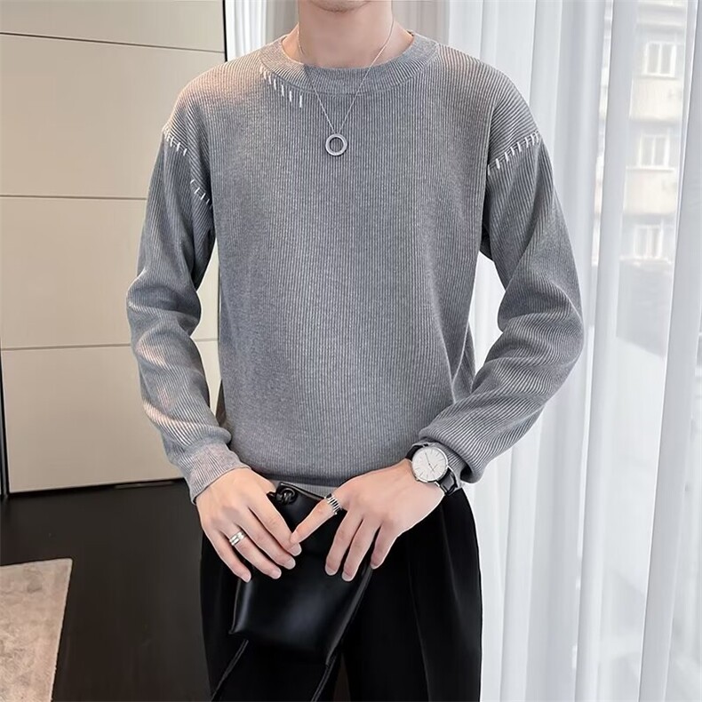 新款小众明线圆领设计感毛衣纯色百搭潮牌休闲针织衫男款S569/P50，男装针织衫/毛衣，星座506