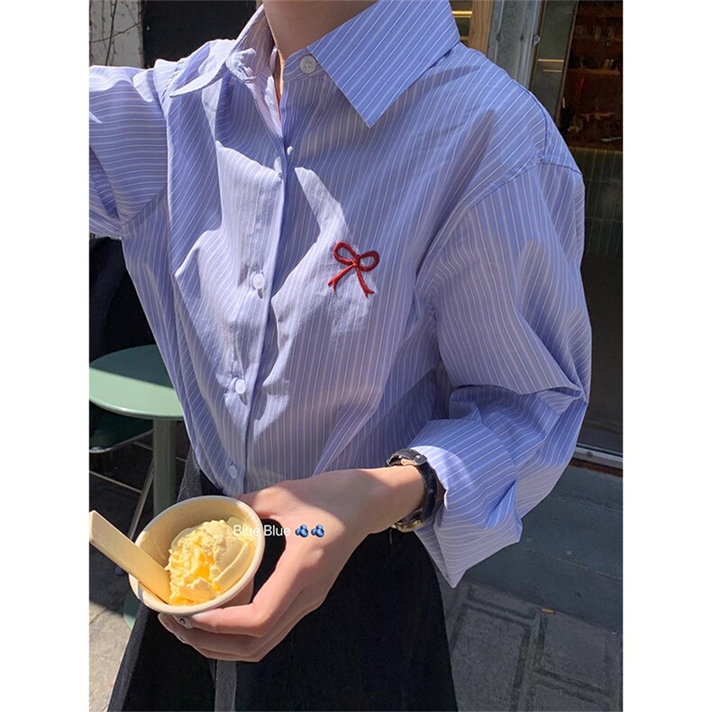 TC654-p45盐系通勤蓝色条纹衬衫蝴蝶结刺绣长袖韩版衬衣，女装衬衫，星座617A-2