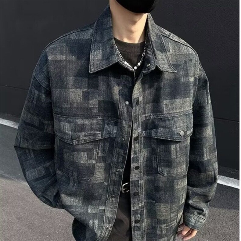 复古格纹牛仔外套男春秋季2025新款翻领夹克JK285-P75,男装夹克,星座223（原229-2）