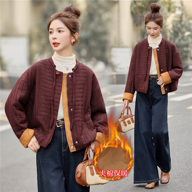 时尚圆领撞色短款棉服女2025冬新款休闲宽松保暖棉衣夹棉加厚外套,女装棉衣/棉服,余墨