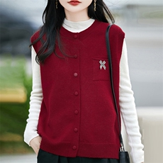 秋季开衫圆领毛衣背心针织马甲2025无袖春秋新款上衣宽松外套，女装针织衫/毛衣，佳绒包芯纱店