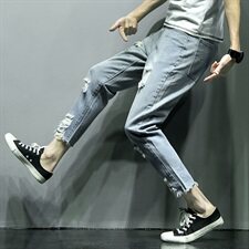 2021春季新日系灰墙潮流刮烂破洞乞丐大码牛仔九分裤男K8130-P50，男装牛仔裤，电商A001