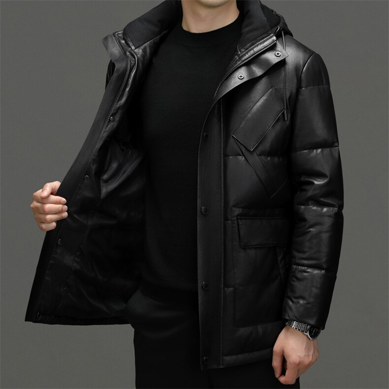 秋冬新款男士真皮羽绒服男中长款连帽外套鹅绒服绵羊皮夹克P1250,男装夹克,电商B360A（原721A）