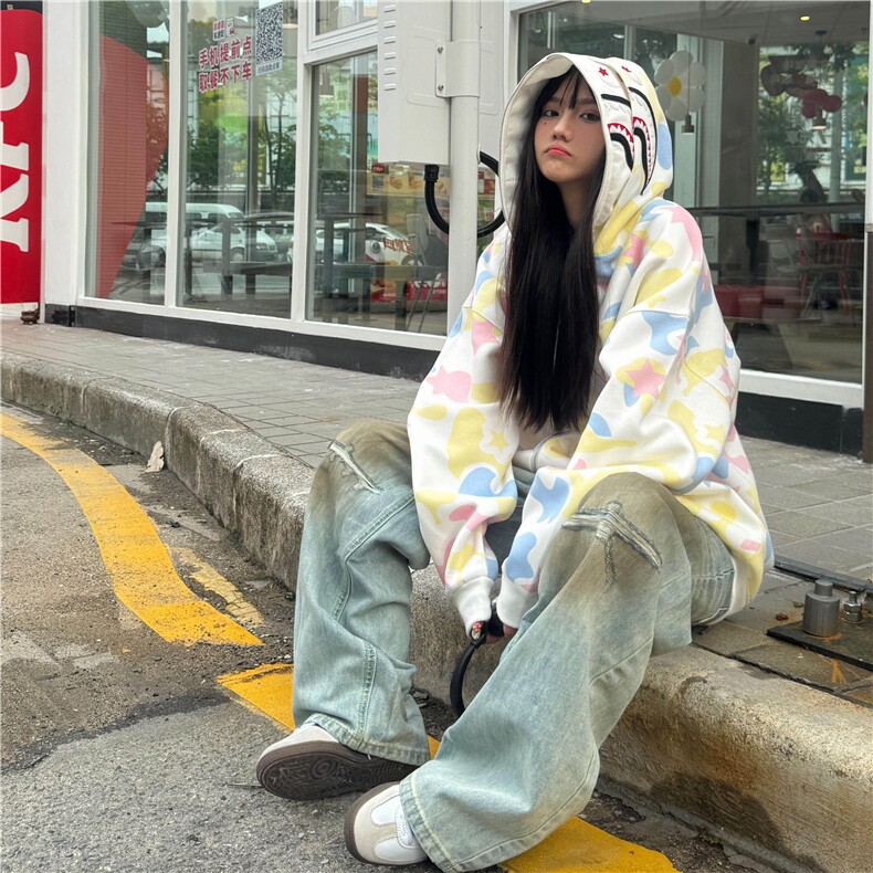 美式复古双帽迷彩连帽学生卫衣拉链开衫潮春季男女外套小众高级图片