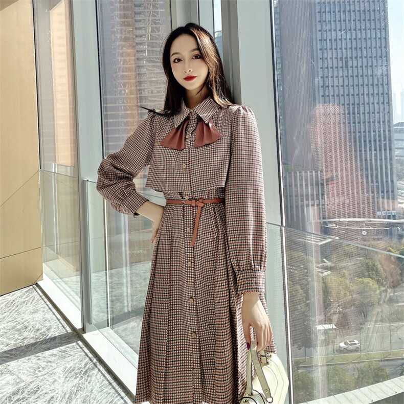 2021春季新款时尚气质拼接领格纹修身显瘦连衣裙,女装连衣裙,深水步