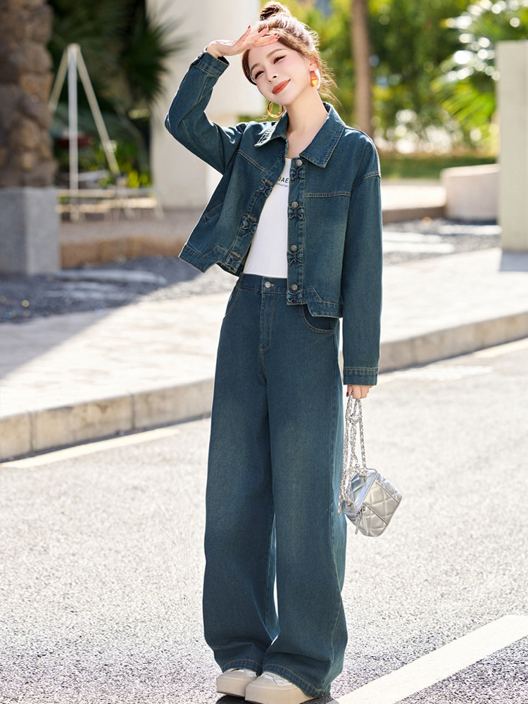 新中式牛仔套装女2025春新款超好看独特漂亮超火减龄阔腿裤两件套,女装套装/套裙,欣品汇