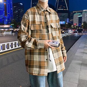 长袖格子衬衫春款男港风潮流C528P32图片