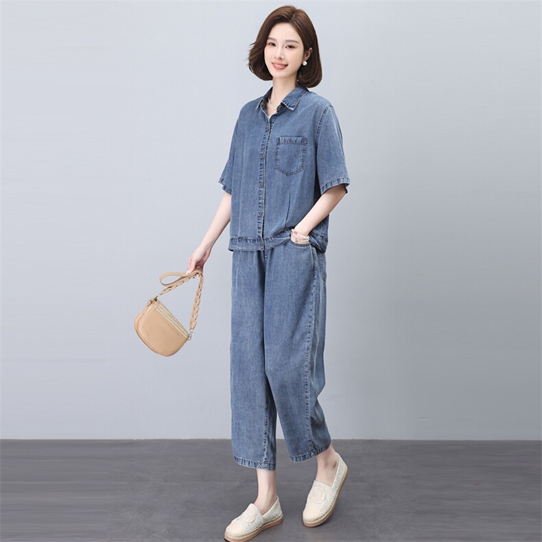 时尚薄款牛仔套装女夏季2025新款宽松休闲中年妈妈洋气减龄两件套,女装套装/套裙,悦见她