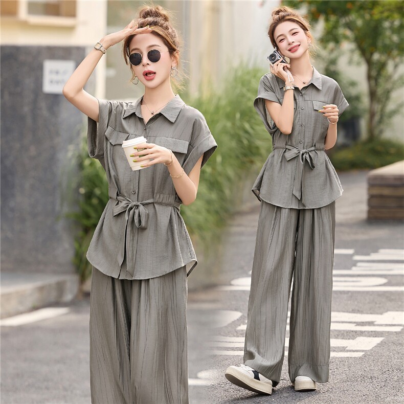 老钱风松弛感套装女2025夏新款轻熟气质休闲短袖衬衫阔腿裤两件套，女装套装/套裙，布芭啦