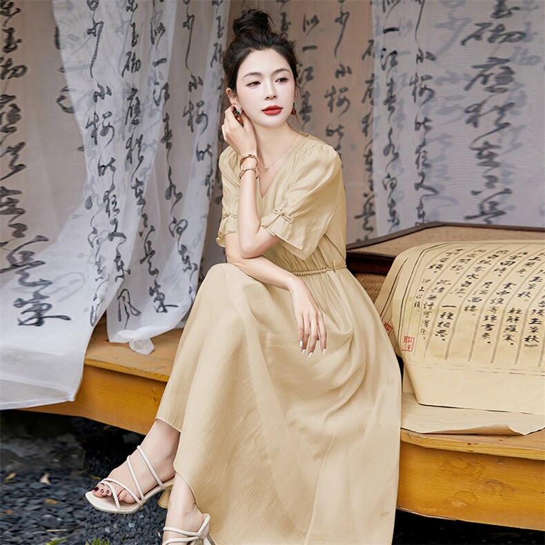 现货主推2024天丝棉连衣裙女高级感仙气精致收腰显瘦连衣裙,女装连衣裙,然然