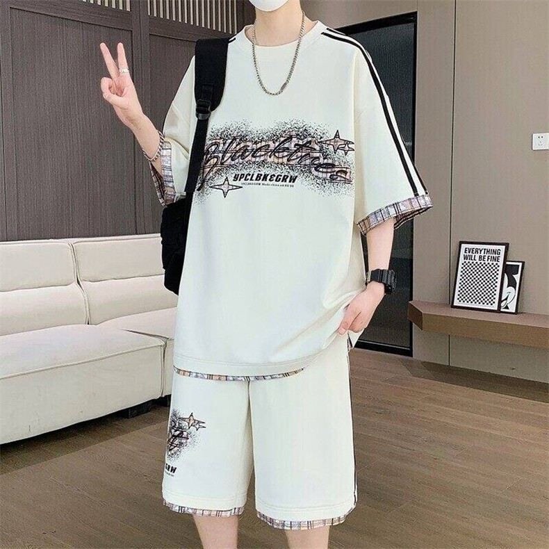 TZ25355-P55夏季休闲T恤短裤男两件套 青少年学生运动短袖套装图片