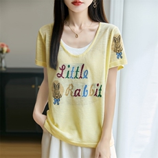 夏季新款14针竹节麻假两件兔子短袖女修身显瘦百搭时尚休闲上衣，女装T恤，贵皇网供仓