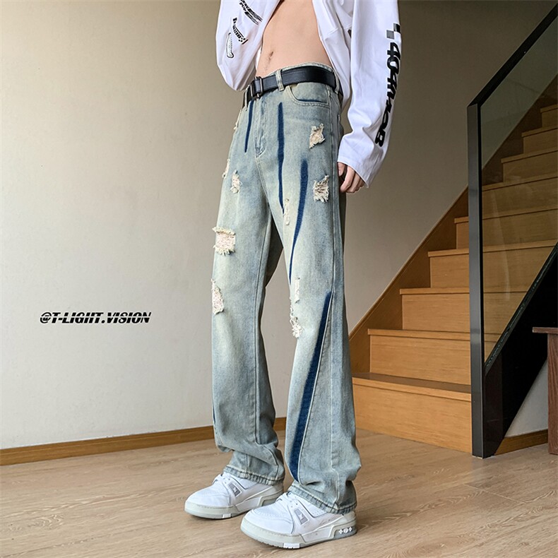 B221 美式ins高街小众情侣款破洞微喇牛仔裤 LK23001-P65 控88图片
