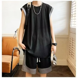 W331-P45 冰丝运动套装2025夏季男生酷帅一套休闲短裤背心两件套图片